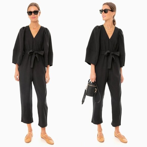 Apiece Apart Meru Linen Tencel Cropped Relaxed Fit Wrap Black Jumpsuit Size 2 - Picture 1 of 14